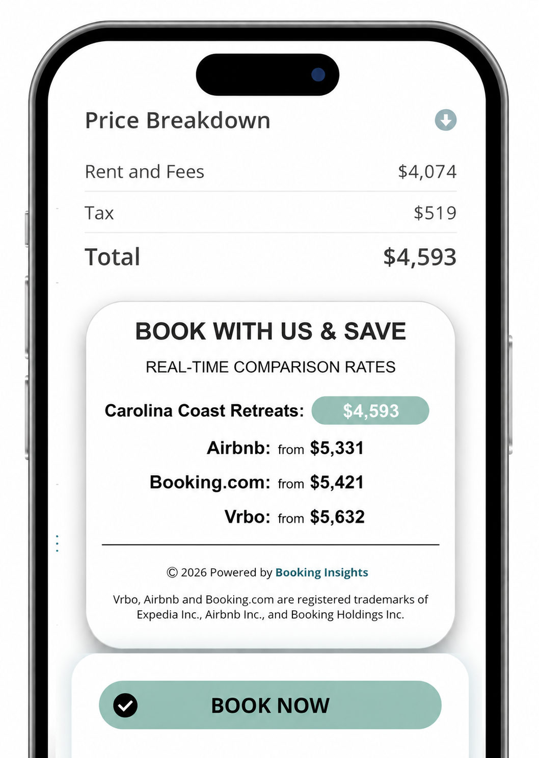 Real-time vacation rental price comparison showing savings when booking directly with Carolina Coast Retreats